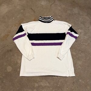Vintage 80s Claybrooke Turtleneck Shirt Mens L White Black Purple Striped USA